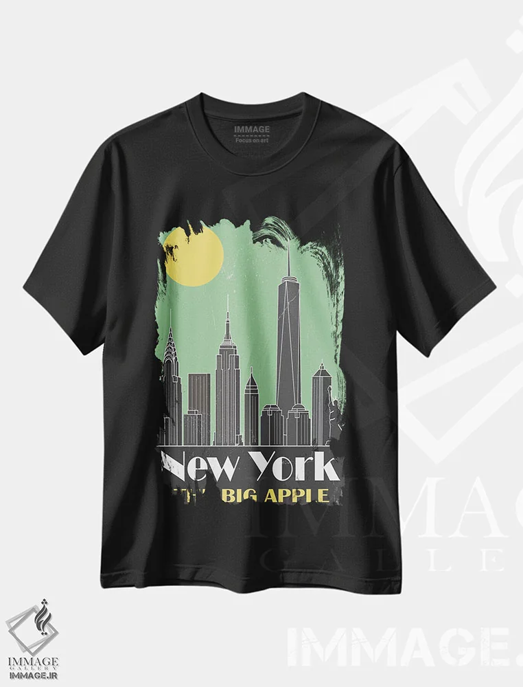 تیشرت مشکی طرح دار نیویورک، سبز، تزئینی اثر فلای گرافیکس | immage.ir