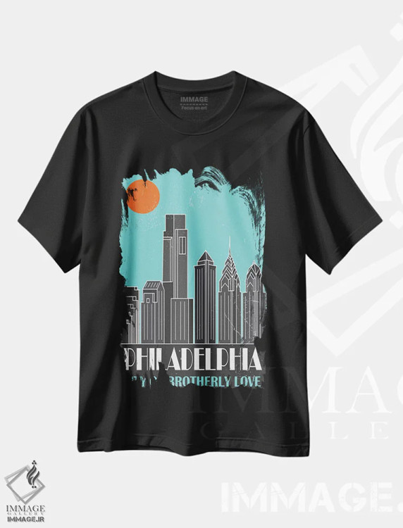 تیشرت مشکی طرح دار فیلادلفیا، آبی آسمانی، تزئینی اثر فلای گرافیکس | immage.ir