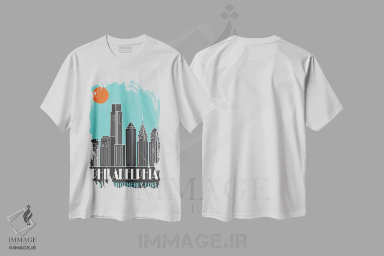 تیشرت سفید طرح دار فیلادلفیا، آبی آسمانی، تزئینی اثر فلای گرافیکس | فروشگاه ایماژ