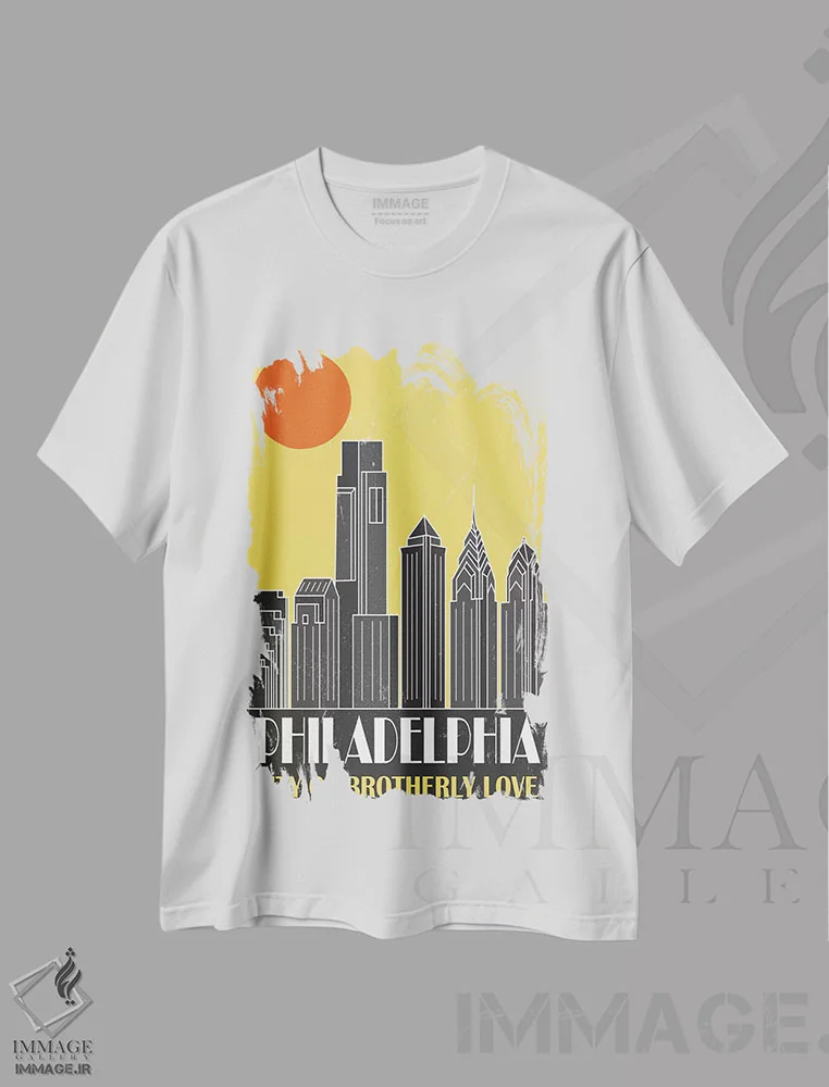 تیشرت سفید طرح دار فیلادلفیا، زرد، تزئینی اثر فلای گرافیکس | immage.ir