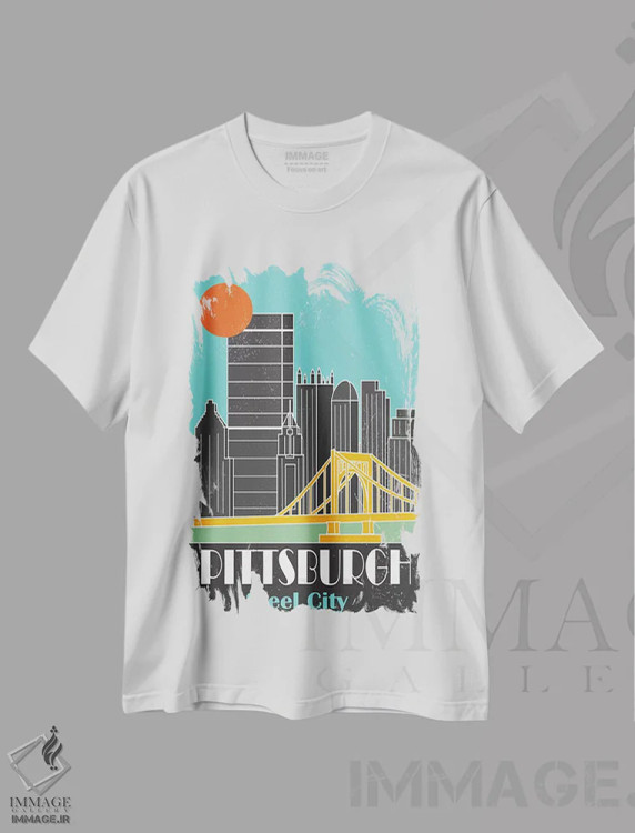تیشرت سفید طرح دار پیتزبورگ، آبی آسمانی II، تزئینی اثر فلای گرافیکس | فروشگاه ایماژ