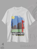 تیشرت سفید طرح دار سان فرانسیسکو، آبی آسمانی، تزئینی اثر فلای گرافیکس | فروشگاه ایماژ