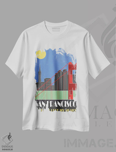 تیشرت سفید طرح دار سان فرانسیسکو، آبی آسمانی، تزئینی اثر فلای گرافیکس | فروشگاه ایماژ