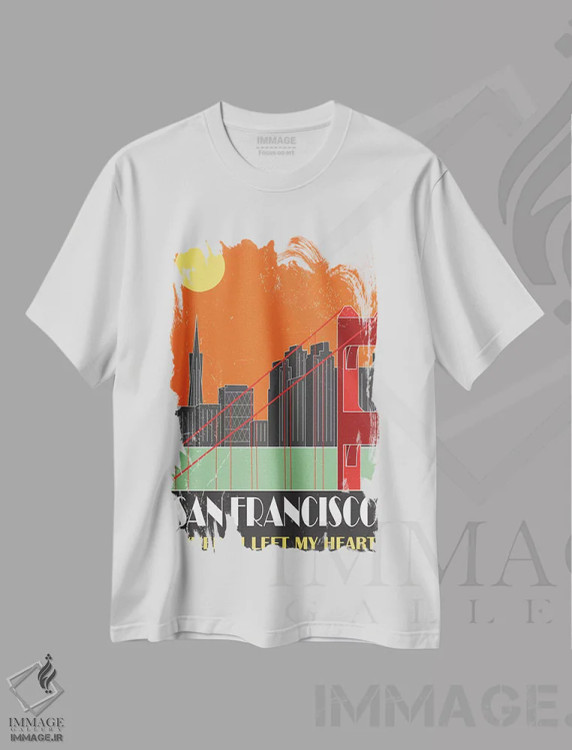 تیشرت سفید طرح دار سان فرانسیسکو، نارنجی، تزئینی اثر فلای گرافیکس | immage.ir