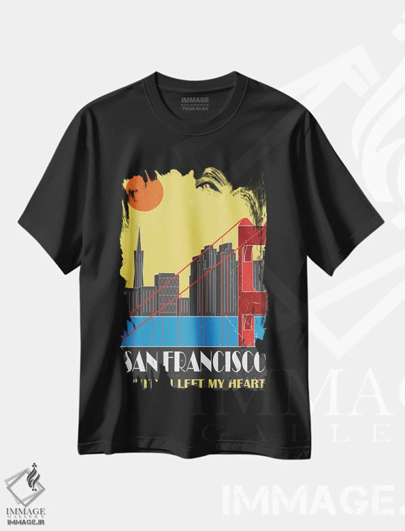 تیشرت مشکی طرح دار سان فرانسیسکو، زرد، تزئینی اثر فلای گرافیکس | immage.ir