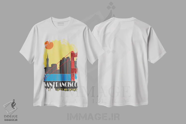 تیشرت سفید طرح دار سان فرانسیسکو، زرد، تزئینی اثر فلای گرافیکس | فروشگاه ایماژ
