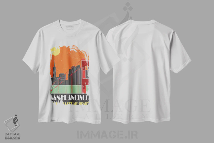 تیشرت سفید طرح دار سان فرانسیسکو، نارنجی، تزئینی اثر فلای گرافیکس | immage.ir