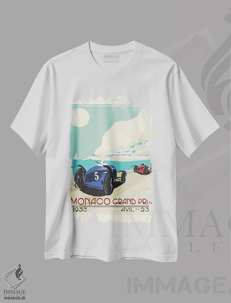 تیشرت سفید طرح دار گرندپری موناکو ۱۹۳۳، تزئینی اثر فلای گرافیکس | فروشگاه ایماژ