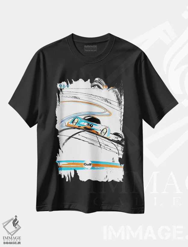 تیشرت مشکی طرح دار هنر پورشه ۲۴ ساعته لمان، تزئینی اثر فلای گرافیکس | فروشگاه ایماژ