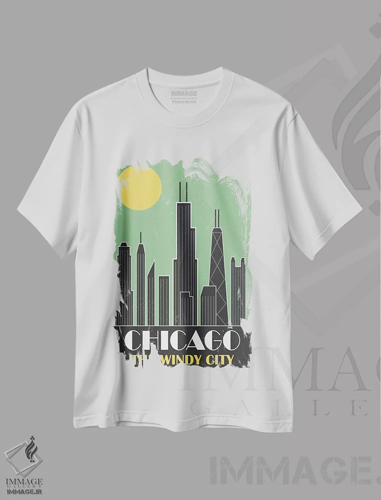 تیشرت سفید طرح دار شیکاگو، سبز، تزئینی اثر فلای گرافیکس | immage.ir