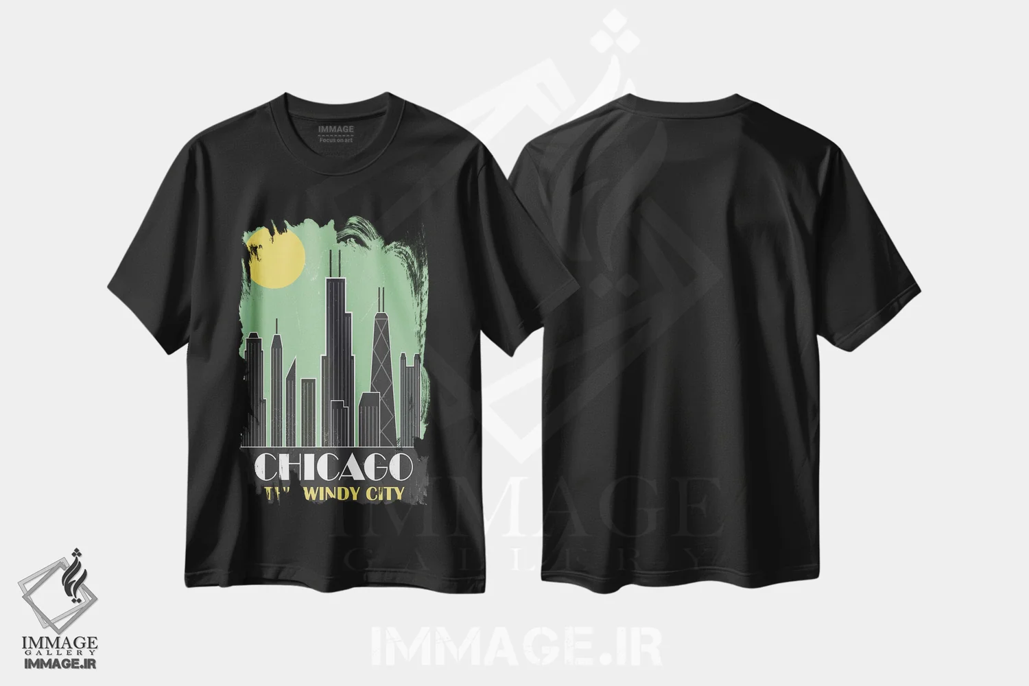 تیشرت مشکی طرح دار شیکاگو، سبز، تزئینی اثر فلای گرافیکس | فروشگاه ایماژ