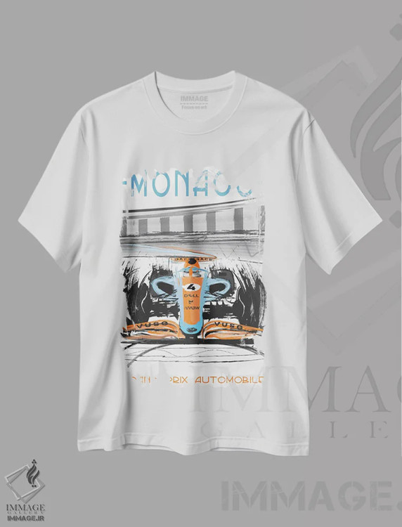 تیشرت سفید طرح دار پوستر فرمول یک مک لارن موناکو، هنر دیجیتال اثر فلای گرافیکس | فروشگاه ایماژ