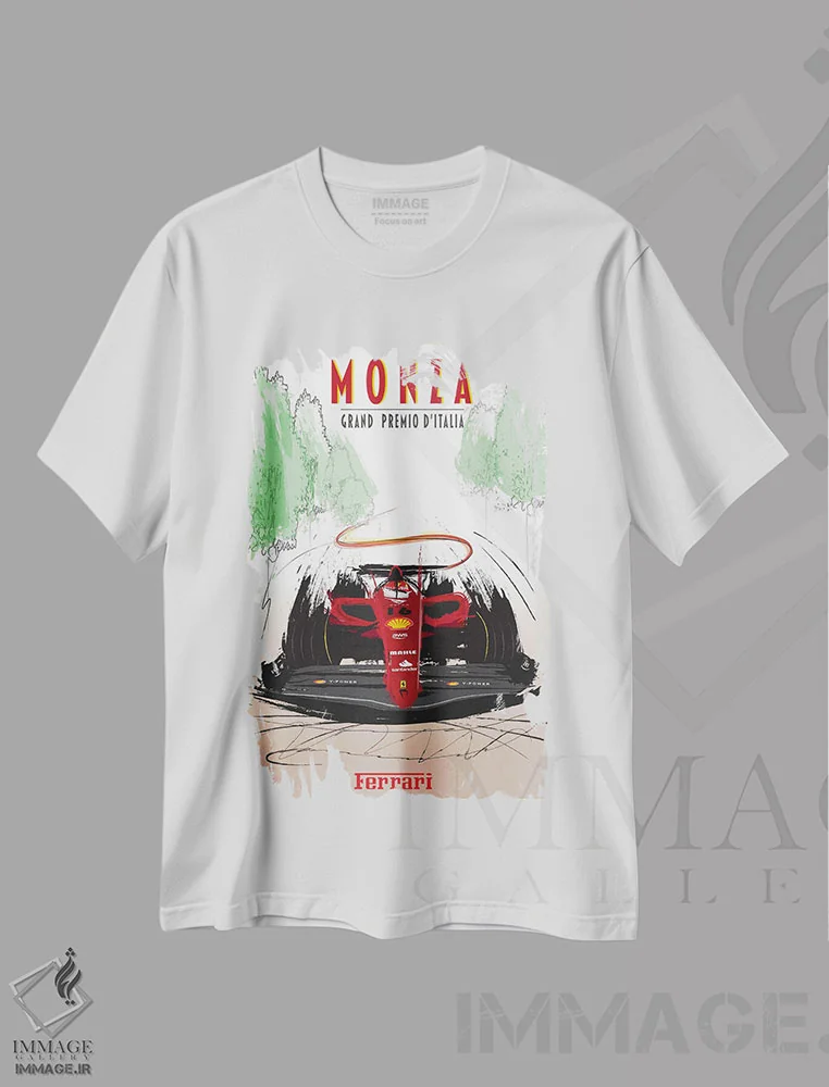 تیشرت سفید طرح دار پوستر فراری مونزا، چارلز لکلرک فرمول یک، هنر دیجیتال اثر فلای گرافیکس | immage.ir