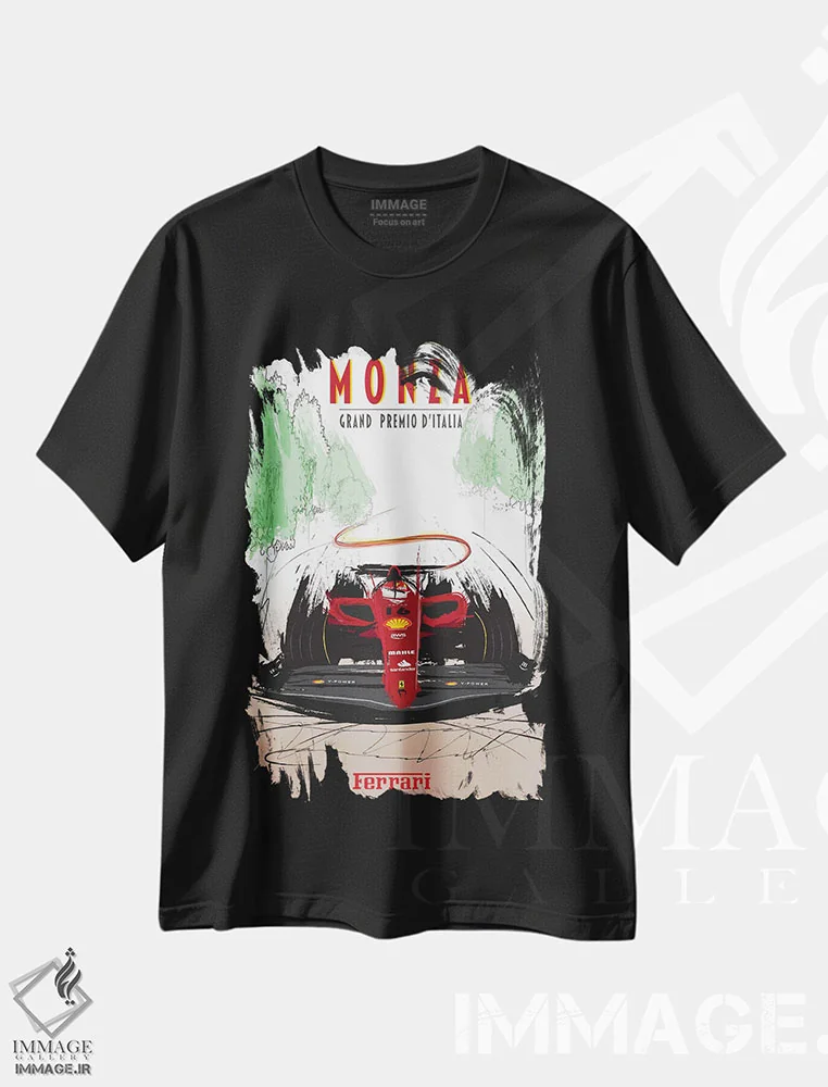 تیشرت مشکی طرح دار پوستر فراری مونزا، چارلز لکلرک فرمول یک، هنر دیجیتال اثر فلای گرافیکس | فروشگاه ایماژ