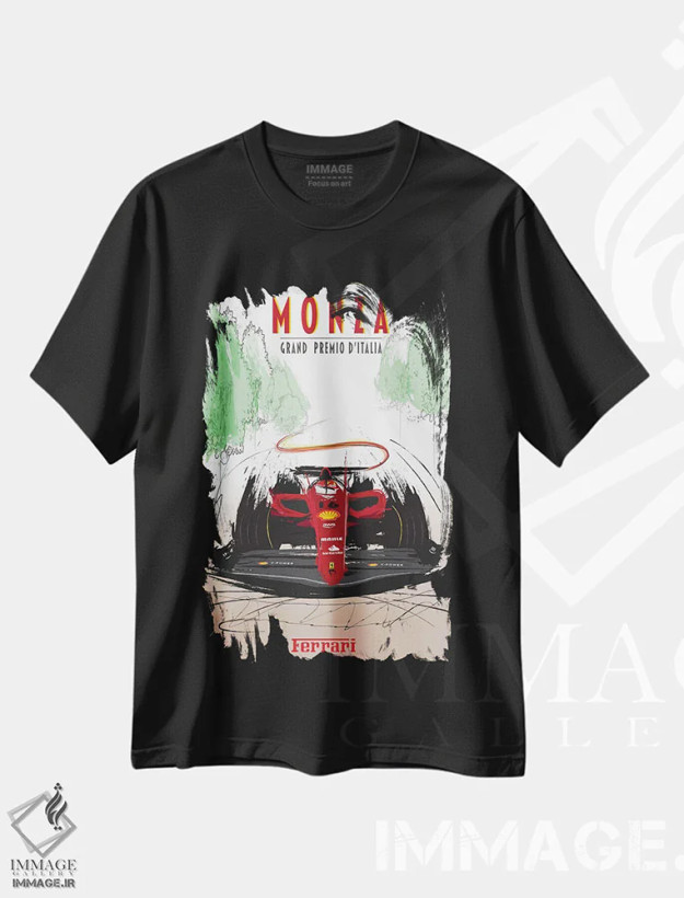 تیشرت مشکی طرح دار پوستر فراری مونزا، چارلز لکلرک فرمول یک، هنر دیجیتال اثر فلای گرافیکس | فروشگاه ایماژ