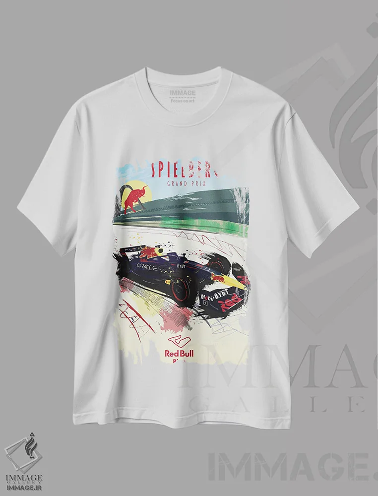 تیشرت سفید طرح دار پوستر فرمولا یک مکس ورشتاپن، پیست ردبول، هنر دیجیتال اثر فلای گرافیکس | فروشگاه ایماژ