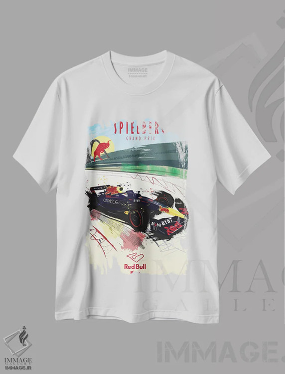 تیشرت سفید طرح دار پوستر فرمولا یک مکس ورشتاپن، پیست ردبول، هنر دیجیتال اثر فلای گرافیکس | فروشگاه ایماژ