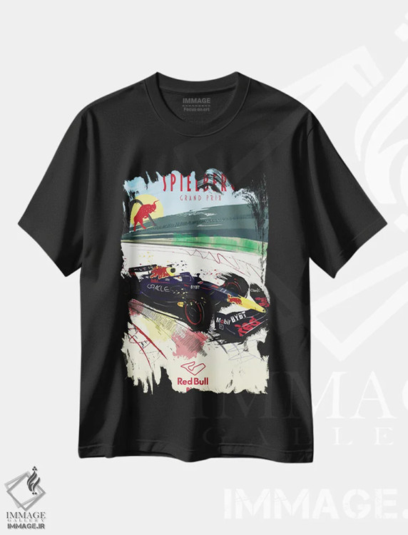 تیشرت مشکی طرح دار پوستر فرمولا یک مکس ورشتاپن، پیست ردبول، هنر دیجیتال اثر فلای گرافیکس | immage.ir