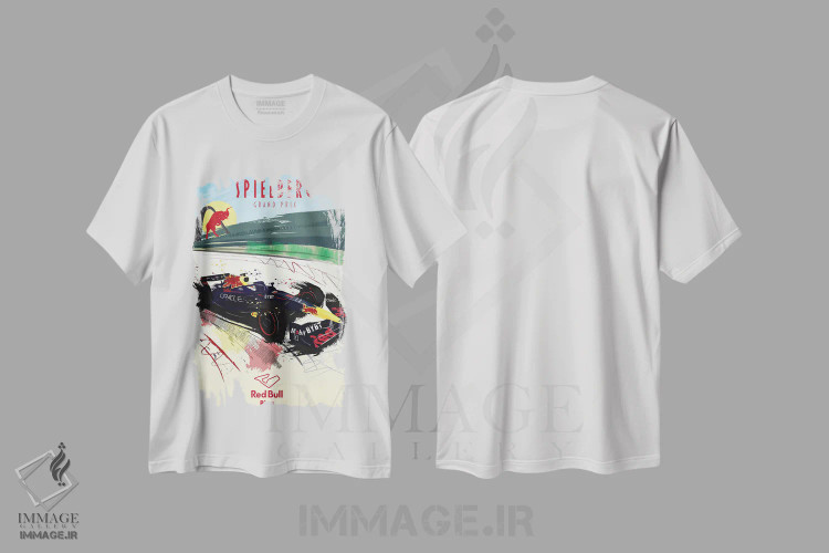 تیشرت سفید طرح دار پوستر فرمولا یک مکس ورشتاپن، پیست ردبول، هنر دیجیتال اثر فلای گرافیکس | فروشگاه ایماژ
