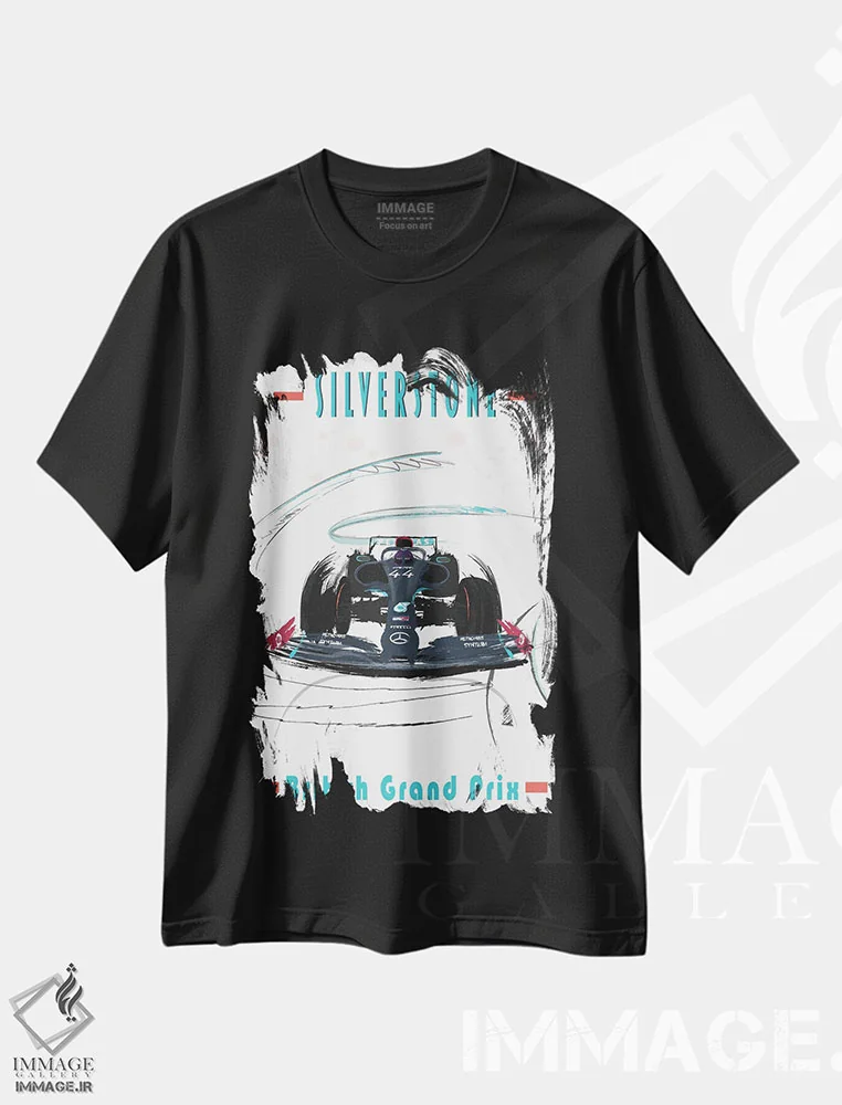 تیشرت مشکی طرح دار پوستر فرمول یک لوئیس همیلتون، سیلورتون، هنر دیجیتال اثر فلای گرافیکس | فروشگاه ایماژ