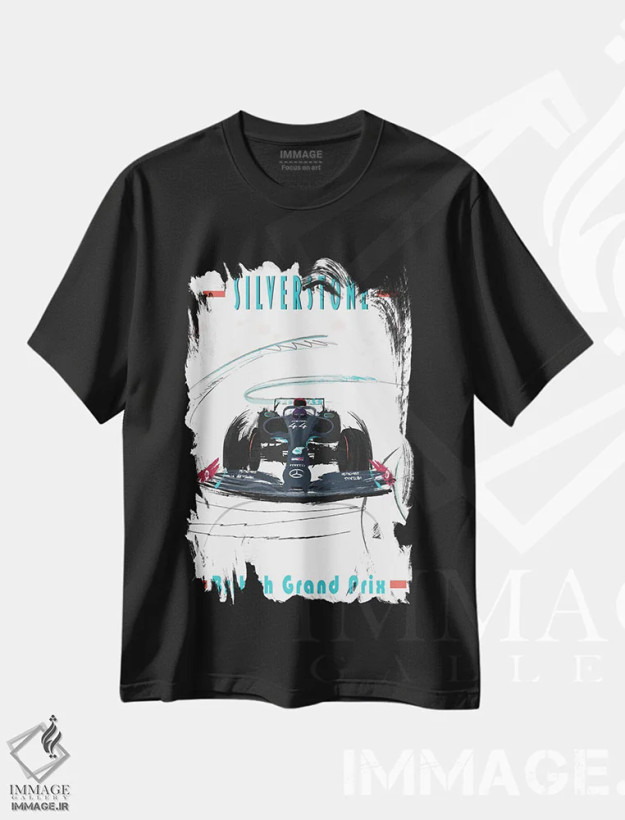 تیشرت مشکی طرح دار پوستر فرمول یک لوئیس همیلتون، سیلورتون، هنر دیجیتال اثر فلای گرافیکس | فروشگاه ایماژ