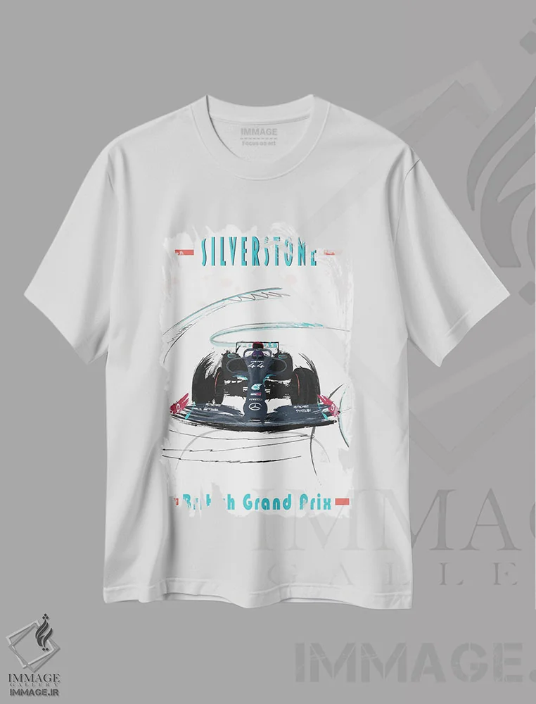 تیشرت سفید طرح دار پوستر فرمول یک لوئیس همیلتون، سیلورتون، هنر دیجیتال اثر فلای گرافیکس | immage.ir