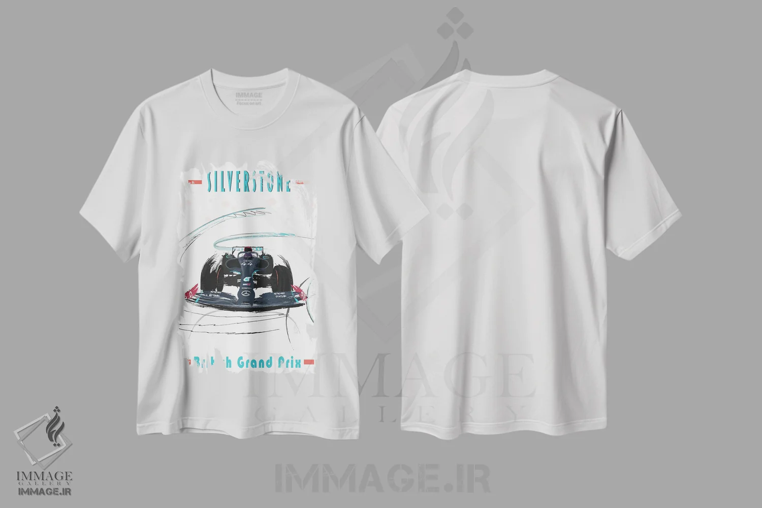 تیشرت سفید طرح دار پوستر فرمول یک لوئیس همیلتون، سیلورتون، هنر دیجیتال اثر فلای گرافیکس | immage.ir