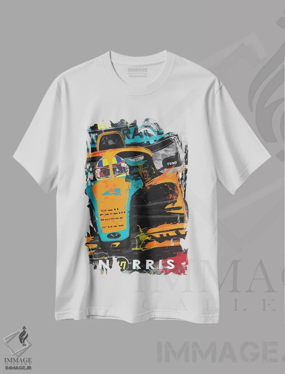تیشرت سفید طرح دار پوستر فرمول یک لاندو نوریس ۴، مک لارن، هنر دیجیتال اثر فلای گرافیکس | فروشگاه ایماژ