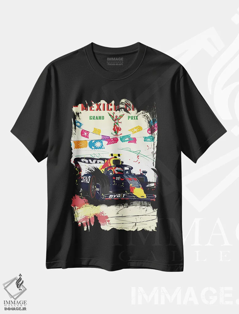 تیشرت مشکی طرح دار پوستر جایزه بزرگ مکزیک سرجیو پرز، فرمول یک، هنر دیجیتال اثر فلای گرافیکس | فروشگاه ایماژ