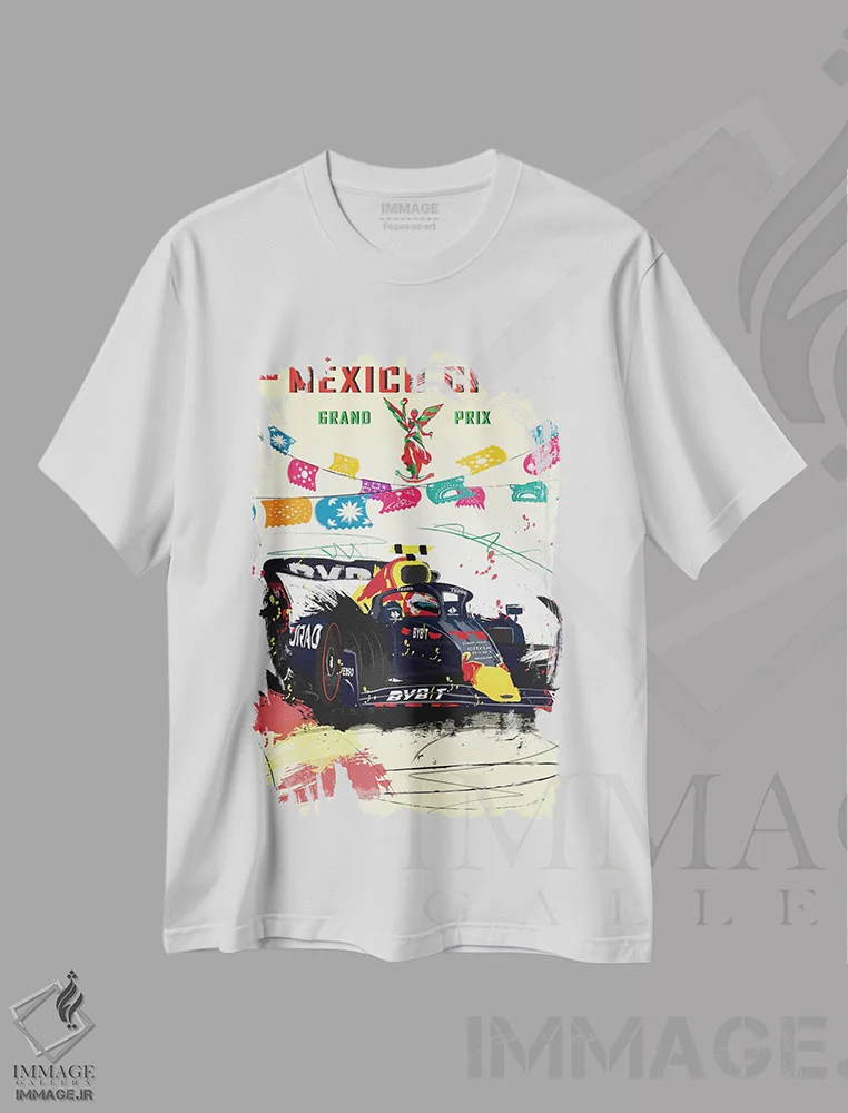تیشرت سفید طرح دار پوستر جایزه بزرگ مکزیک سرجیو پرز، فرمول یک، هنر دیجیتال اثر فلای گرافیکس | immage.ir