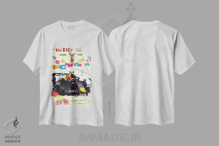 تیشرت سفید طرح دار پوستر جایزه بزرگ مکزیک سرجیو پرز، فرمول یک، هنر دیجیتال اثر فلای گرافیکس | immage.ir