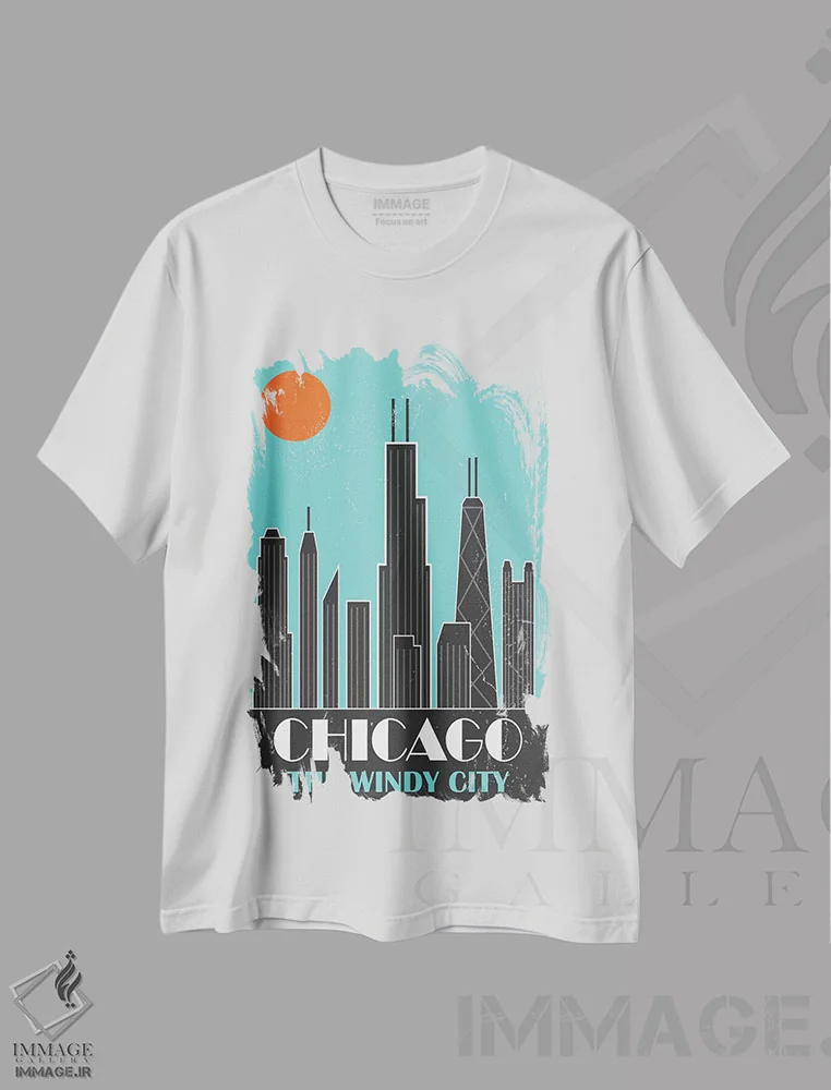 تیشرت سفید طرح دار شیکاگو، آبی آسمانی، تزئینی اثر فلای گرافیکس | فروشگاه ایماژ