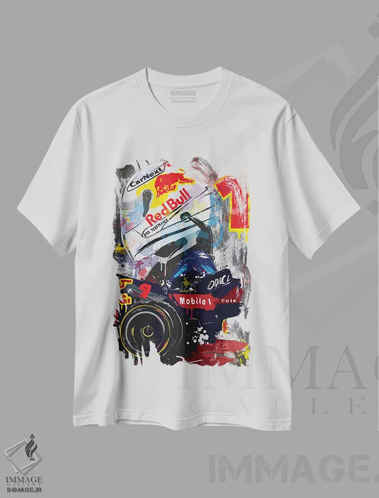 تیشرت سفید طرح دار پوستر فرمول یک مکس ورشتاپن، ردبول ریسینگ، هنر دیجیتال اثر فلای گرافیکس | immage.ir