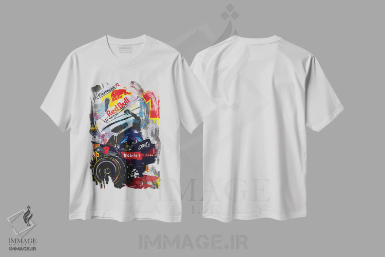 تیشرت سفید طرح دار پوستر فرمول یک مکس ورشتاپن، ردبول ریسینگ، هنر دیجیتال اثر فلای گرافیکس | immage.ir
