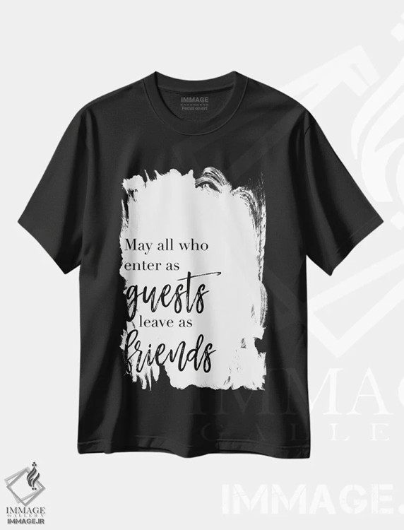 تیشرت مشکی طرح دار مهمانان و دوستان، تزئینی اثر فِرفولی مید کرییشنز | فروشگاه ایماژ
