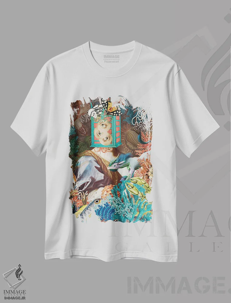 تیشرت سفید طرح دار فانتزی زیر دریا، هنر فاخر معاصر اثر فن د فانتستیکا | فروشگاه ایماژ