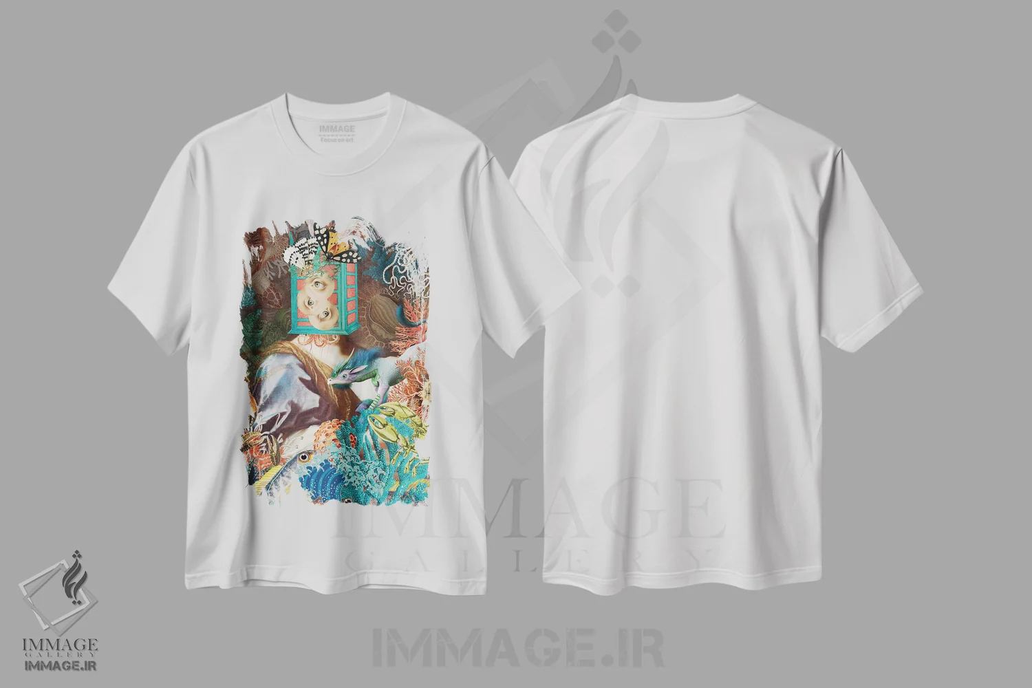 تیشرت سفید طرح دار فانتزی زیر دریا، هنر فاخر معاصر اثر فن د فانتستیکا | فروشگاه ایماژ