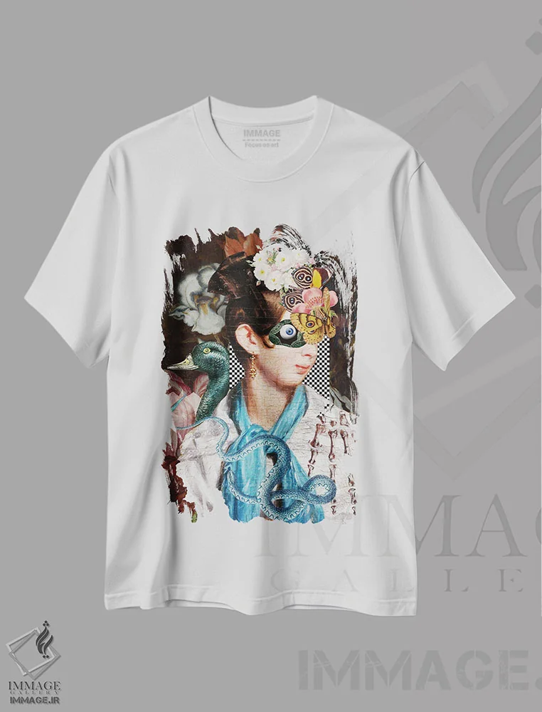 تیشرت سفید طرح دار گفت وگوی التقاطی، هنر فاخر معاصر اثر فن د فانتستیکا | فروشگاه ایماژ