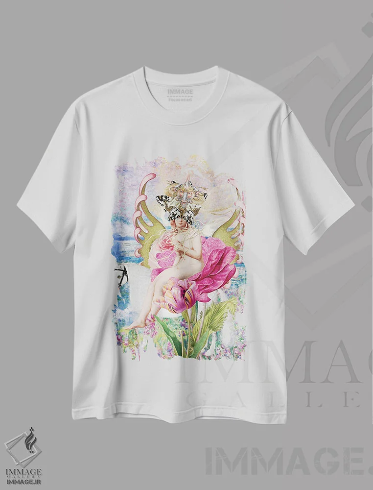 تیشرت سفید طرح دار زیر آسمان صورتی، هنر فاخر معاصر اثر فن د فانتستیکا | فروشگاه ایماژ