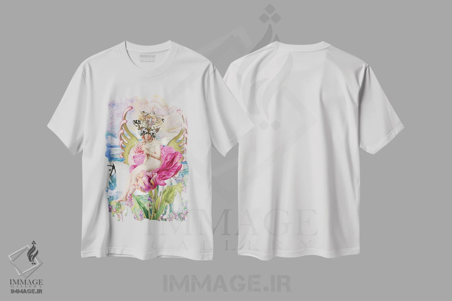 تیشرت سفید طرح دار زیر آسمان صورتی، هنر فاخر معاصر اثر فن د فانتستیکا | فروشگاه ایماژ