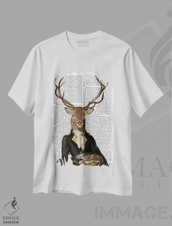 تیشرت سفید طرح دار گوزن روی صندلی، هنر دیجیتال اثر فب فانکی | فروشگاه ایماژ