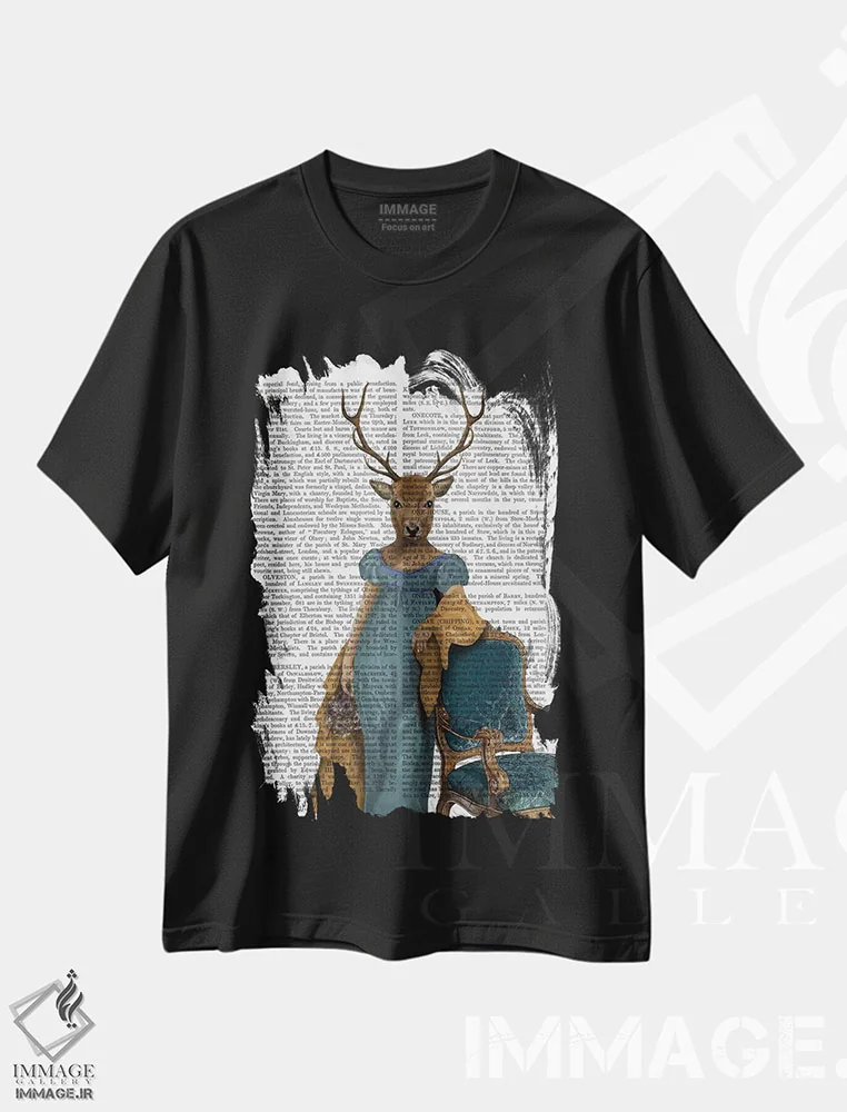 تیشرت مشکی طرح دار گوزن با لباس آبی، هنر دیجیتال اثر فب فانکی | فروشگاه ایماژ