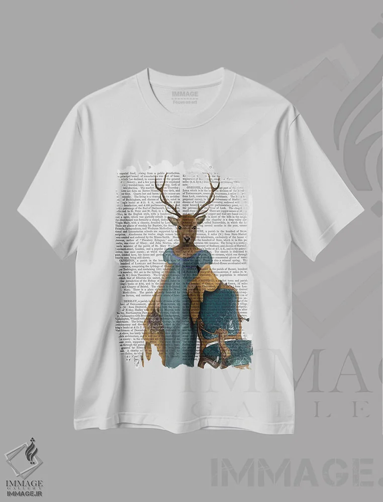 تیشرت سفید طرح دار گوزن با لباس آبی، هنر دیجیتال اثر فب فانکی | immage.ir