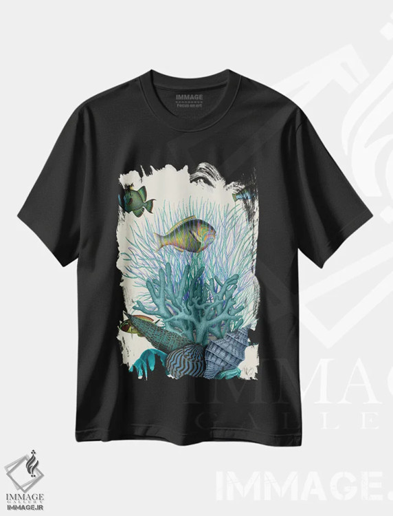 تیشرت مشکی طرح دار ماهی، صدف های آبی و مرجان ها، تزئینی اثر فب فانکی | immage.ir