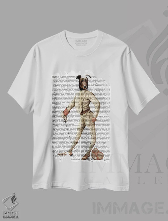 تیشرت سفید طرح دار سگ گری هاوند شمشیرباز با لباس کرمی، هنر دیجیتال اثر فب فانکی | immage.ir