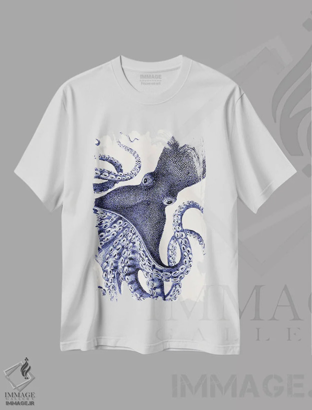 تیشرت سفید طرح دار منظره اختاپوس آبی، دکور ساحلی اثر فب فانکی | فروشگاه ایماژ