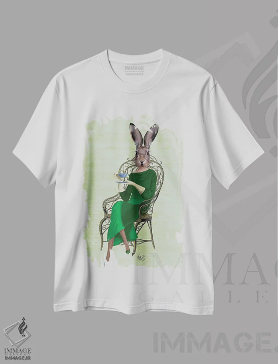 تیشرت سفید طرح دار بانو بلا خرگوش در حال چای نوشیدن، هنر دیجیتال اثر فب فانکی | immage.ir
