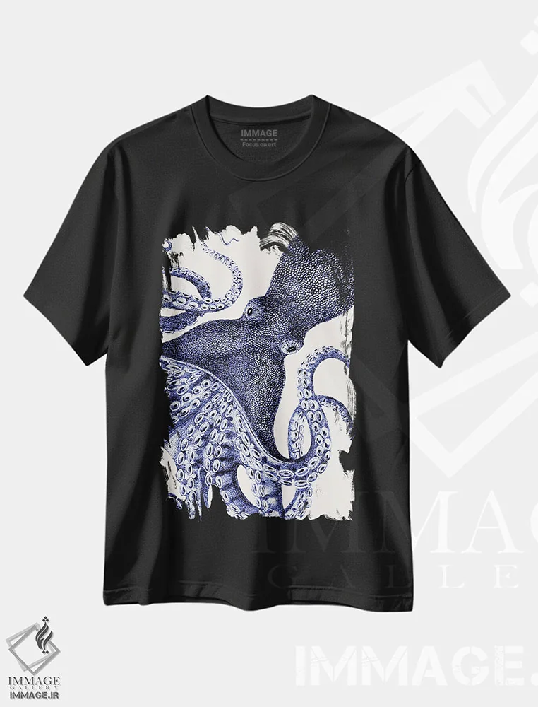 تیشرت مشکی طرح دار منظره اختاپوس آبی، دکور ساحلی اثر فب فانکی | immage.ir