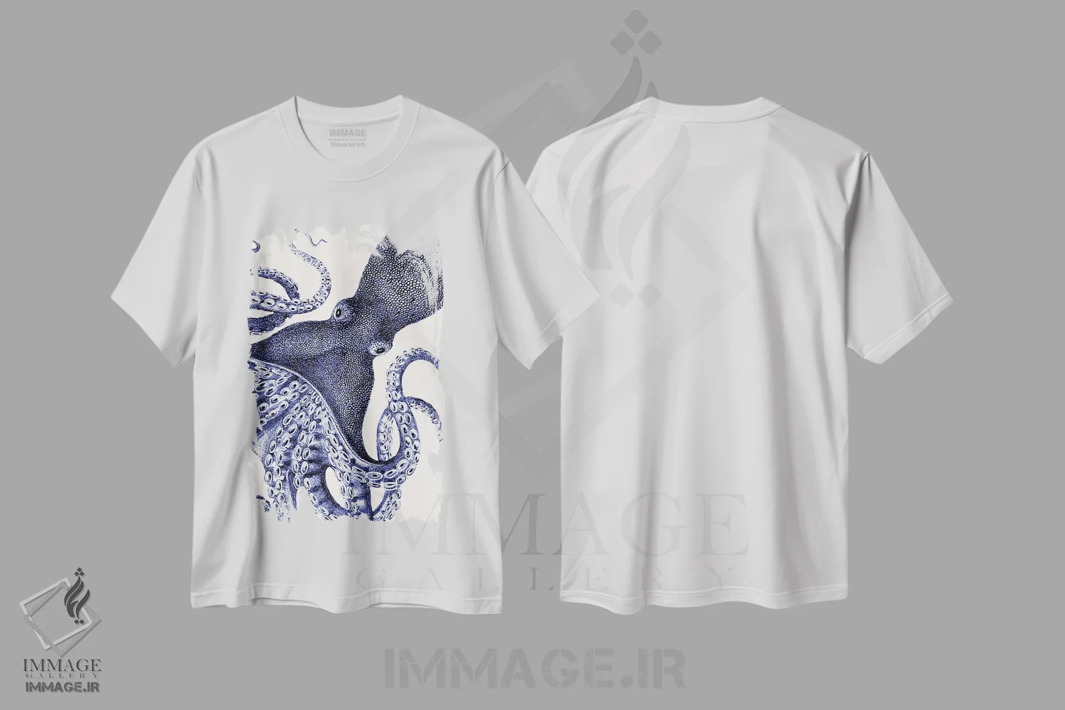 تیشرت سفید طرح دار منظره اختاپوس آبی، دکور ساحلی اثر فب فانکی | فروشگاه ایماژ