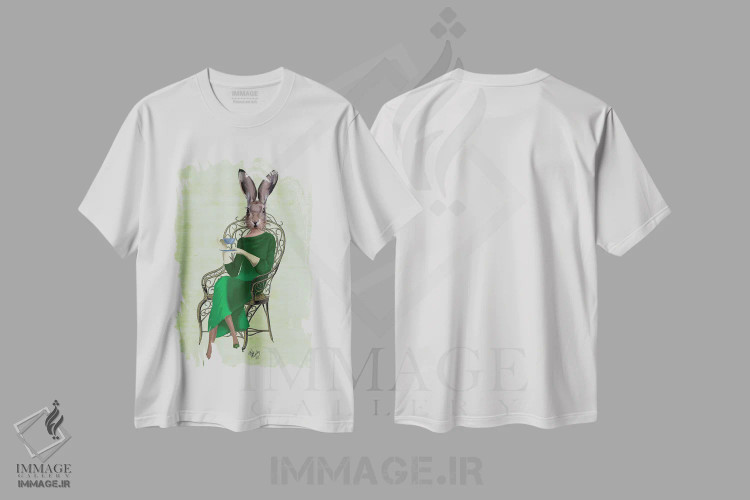 تیشرت سفید طرح دار بانو بلا خرگوش در حال چای نوشیدن، هنر دیجیتال اثر فب فانکی | immage.ir